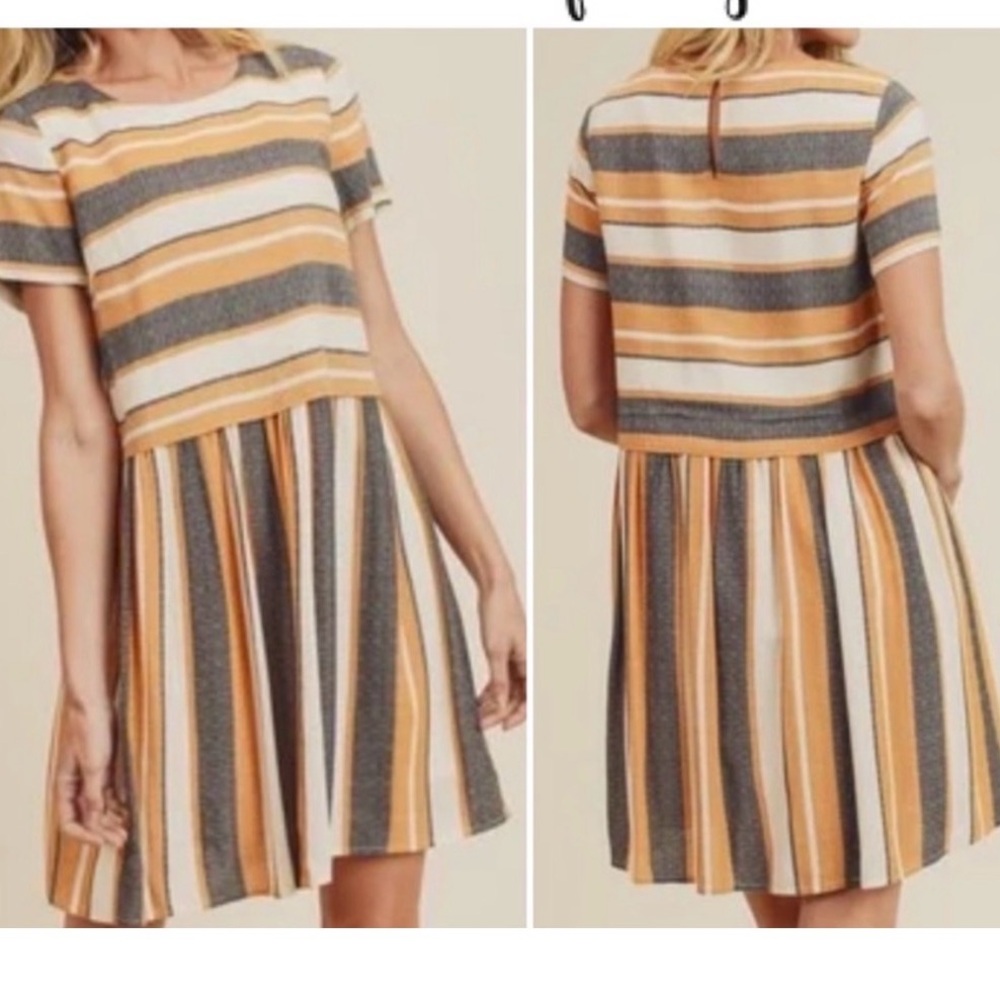 Doe & Rae Striped Short-Sleeve Mini Dress in Yellow, Gray and Cream